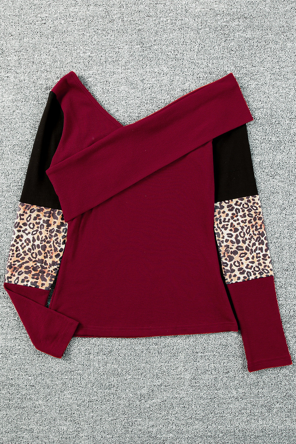 Red Leopard Color Block Ribbed Cross Wrap Top