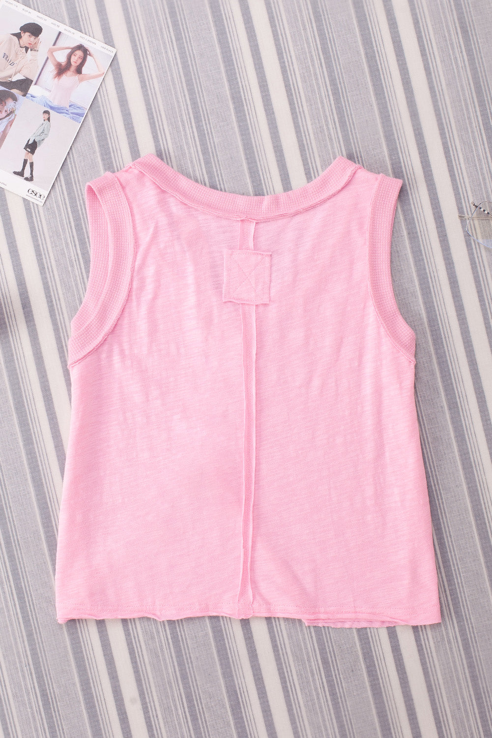 Pink V Neck Ribbed Trimming Tank Top