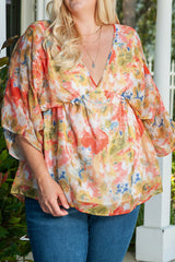 Multicolor Abstract Print Drape Sleeve V Neck Plus Size Babydoll Blouse