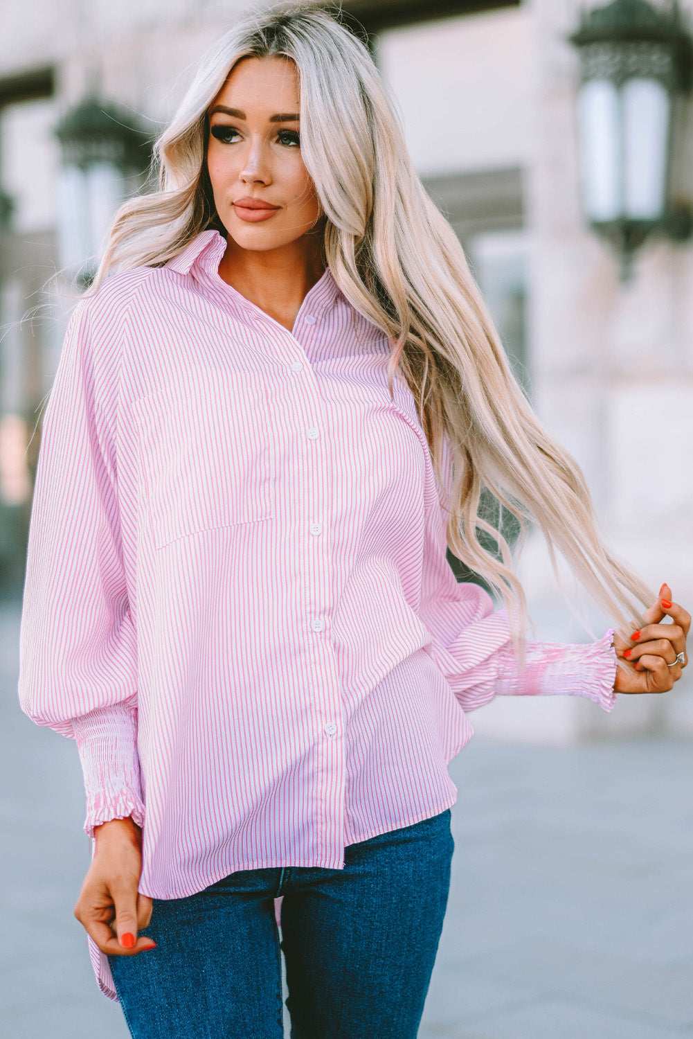 Smocked Cuffed Striped Boyfriend Shirt with Pocket