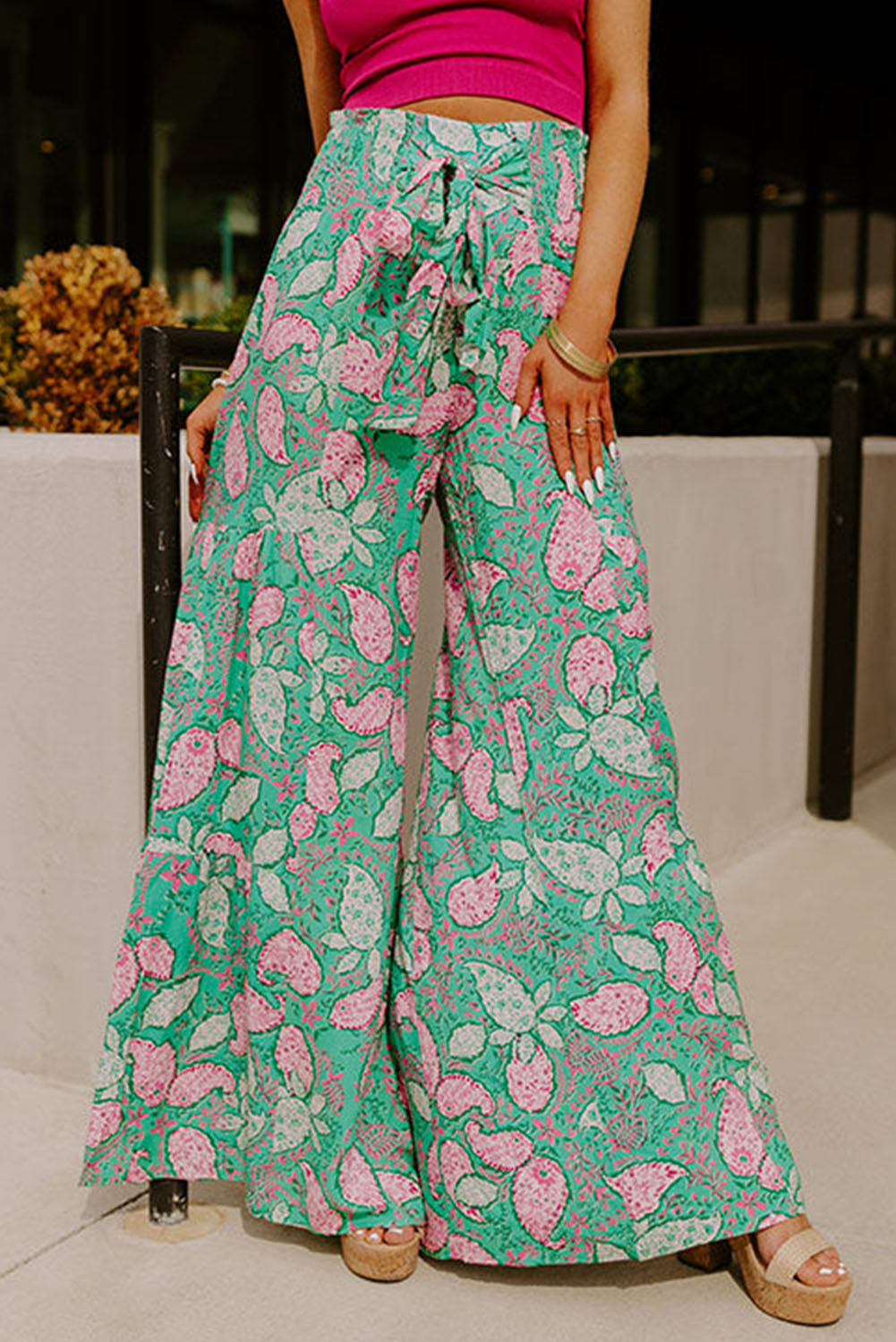 Green Boho Paisley Print Flowy Wide Leg Pants