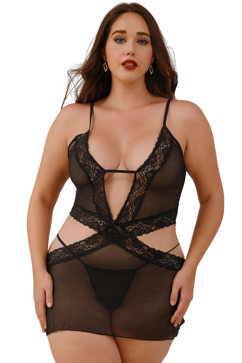 Black Lace Mesh Strappy Plunging Neck Plus Size Chemise