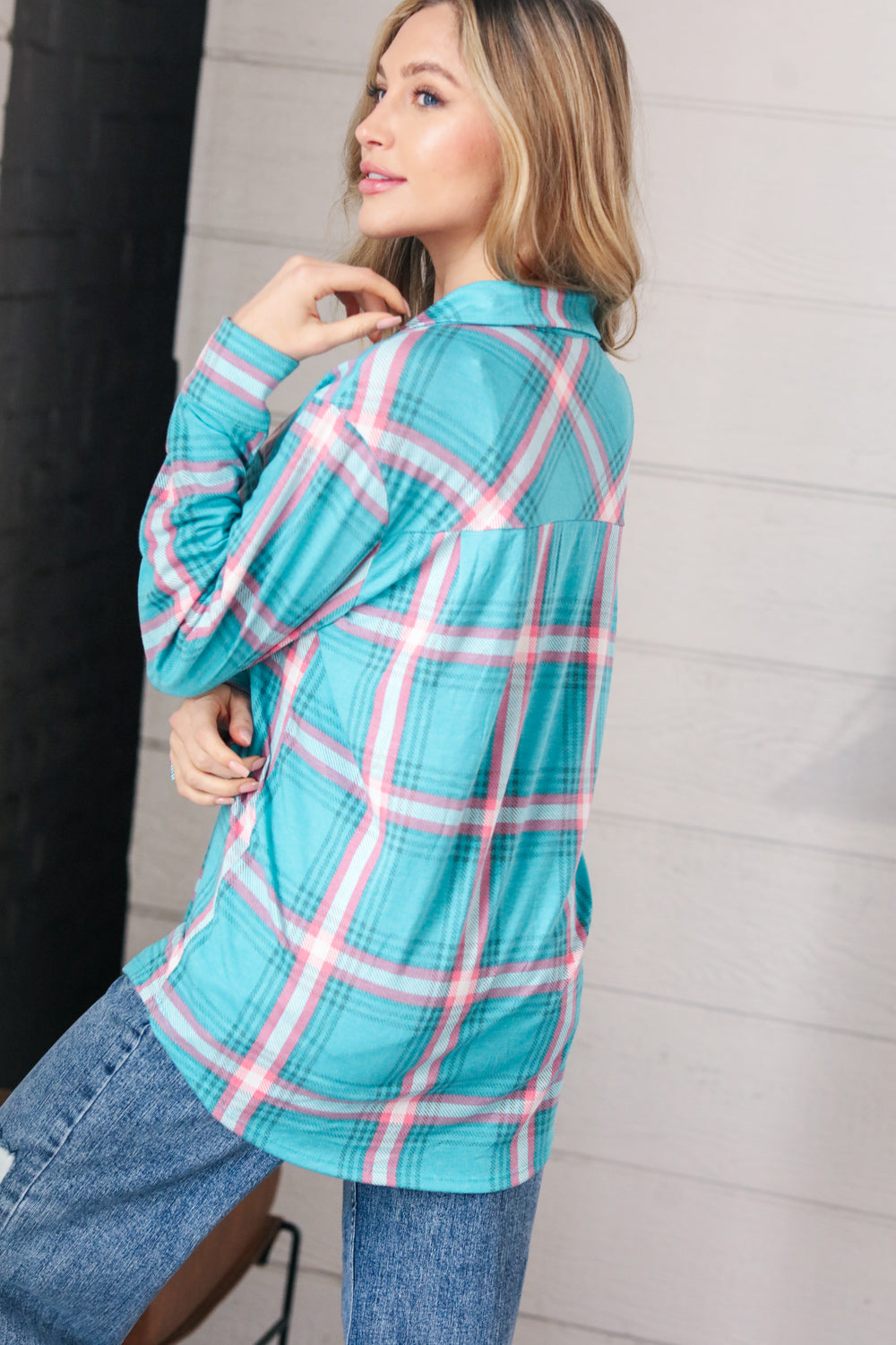 Teal & Pink Plaid Front Pocket Shirt Shacket