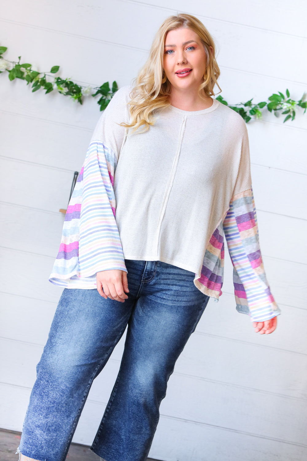 Ivory Slub Rib Thermal Multicolor Stripe Bell Sleeve Top