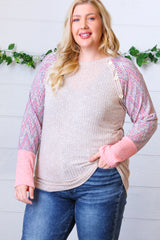 Taupe Two Tone Rib Chevron Button Raglan Top