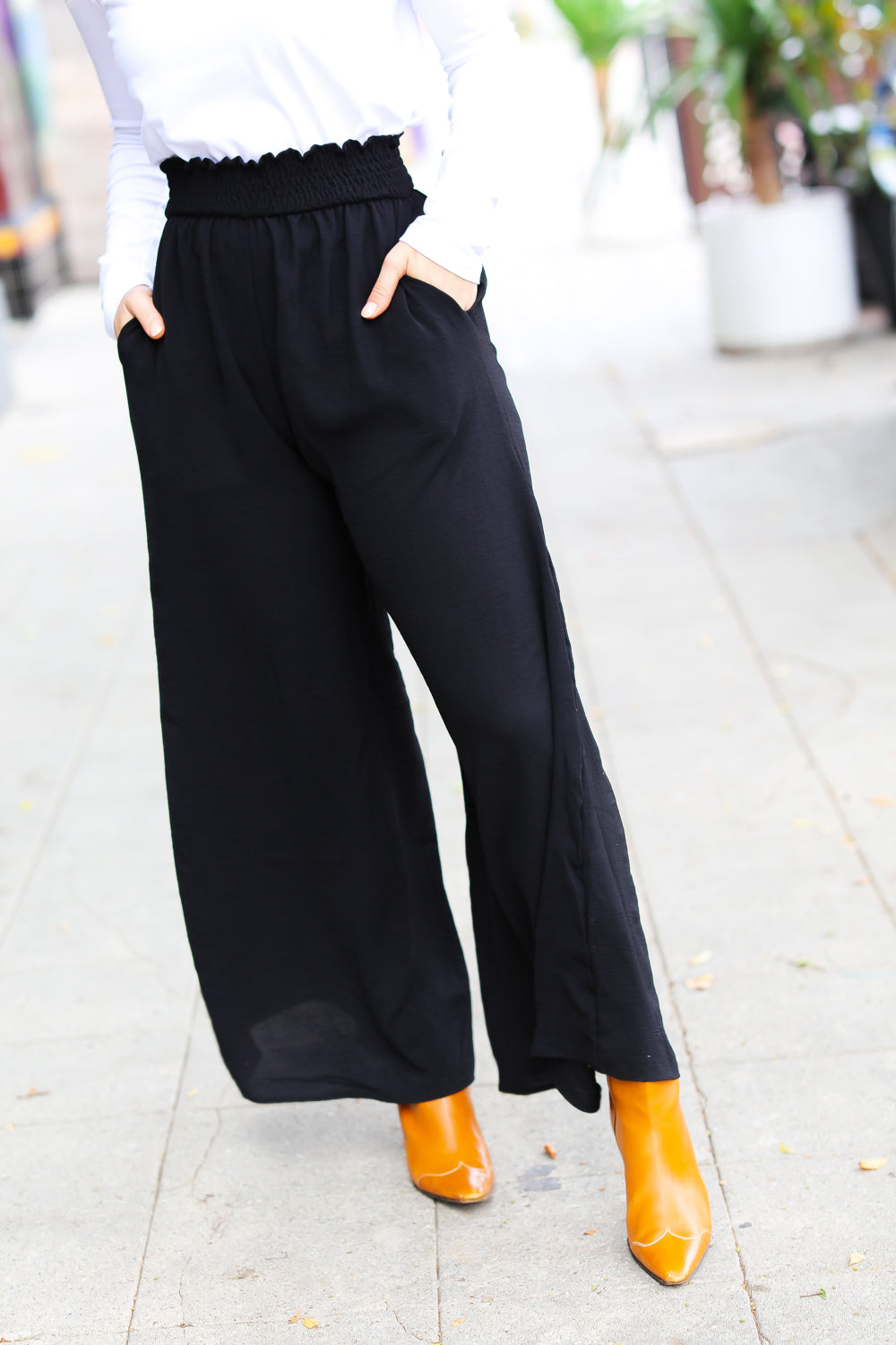 Relaxed Fun Black Smocked Waist Palazzo Pants