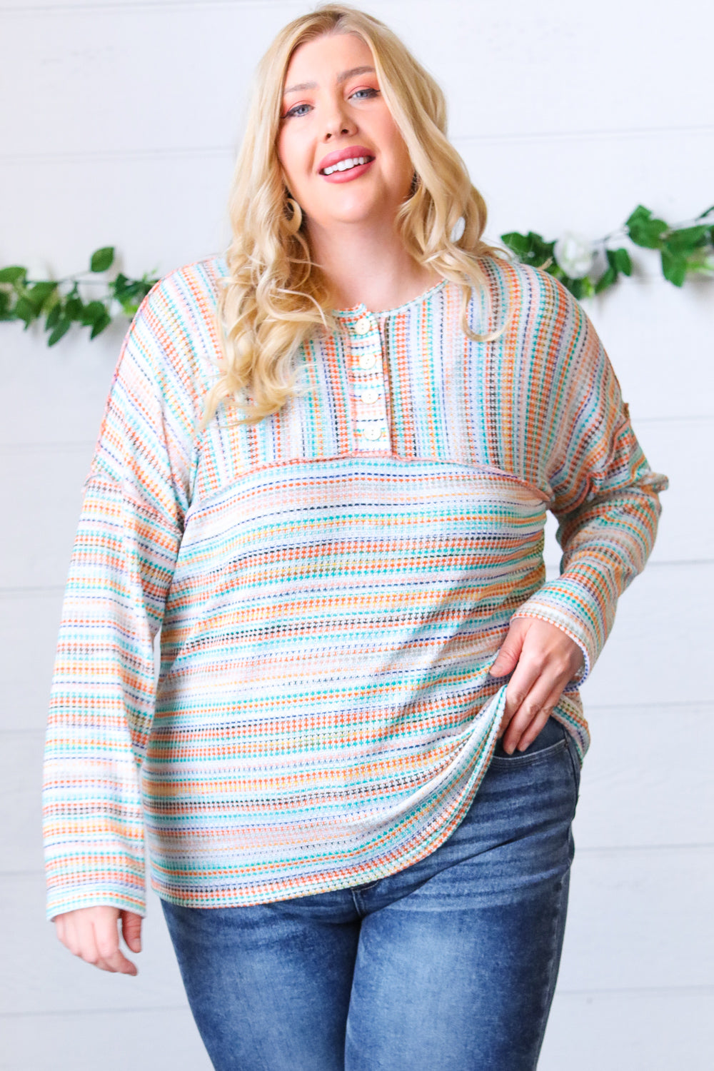 Orange & Teal Textured Stripe Vintage Button Placard Top