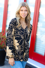 Black & Taupe Floral V Neck Top