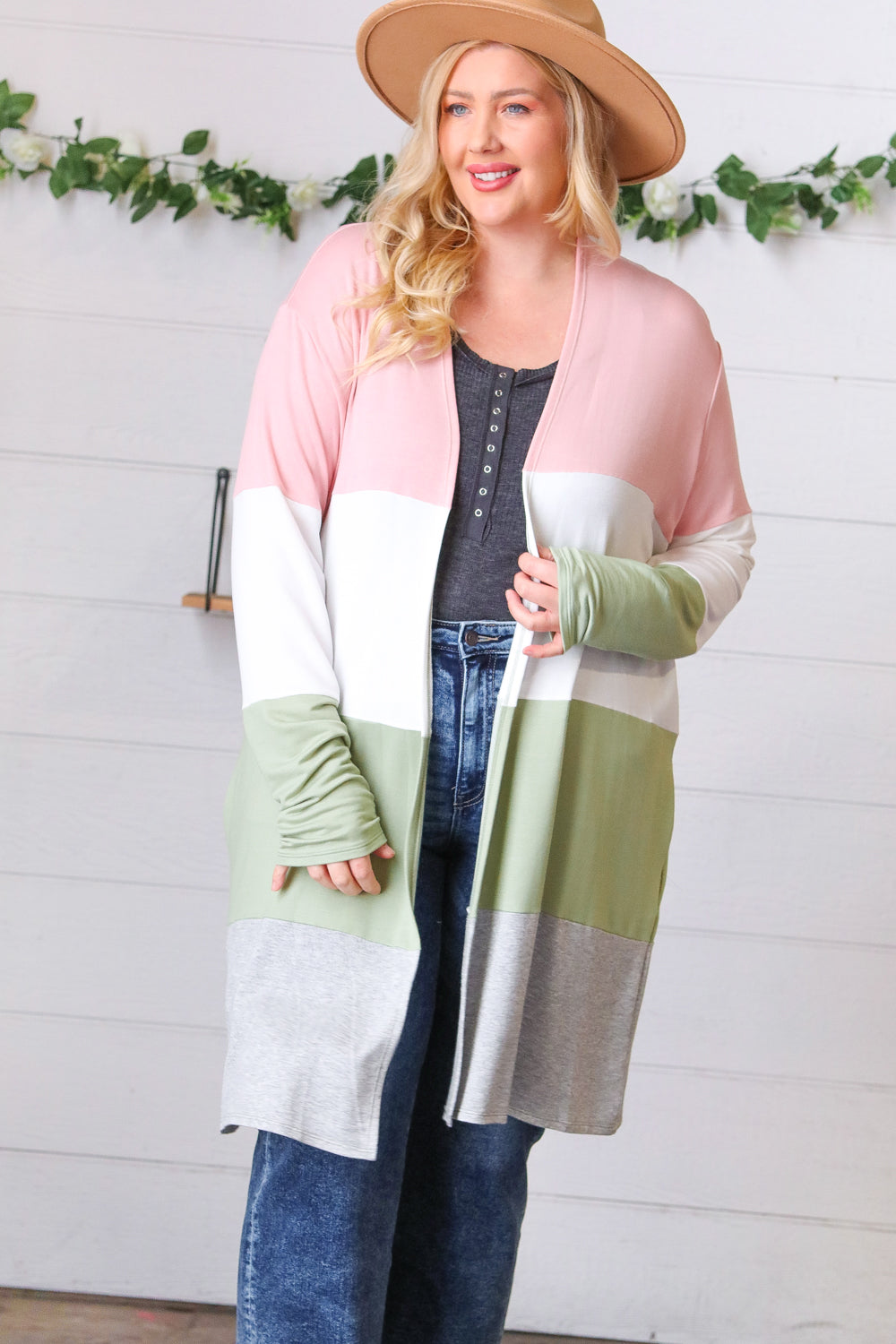 Sage Wide Stripe Terry Color Block Open Cardigan