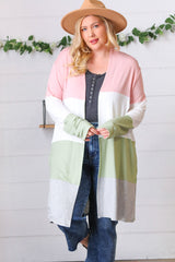 Sage Wide Stripe Terry Color Block Open Cardigan