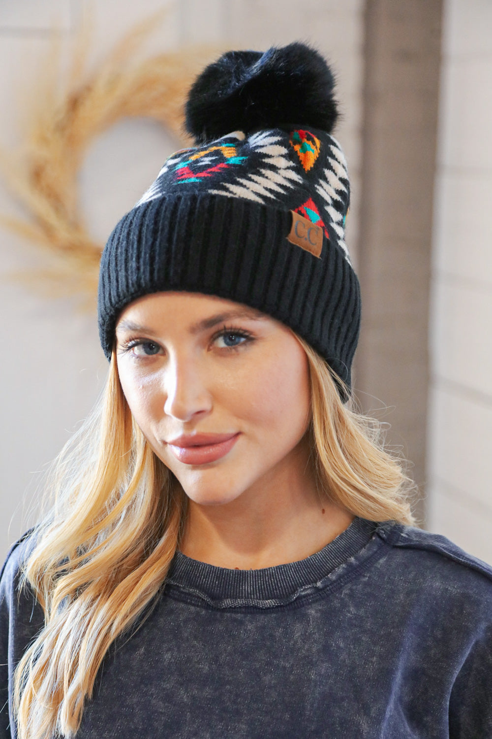 CC Exclusive Black Tribal Knit Beanie w/Pompom