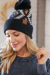 CC Exclusive Black Tribal Knit Beanie w/Pompom