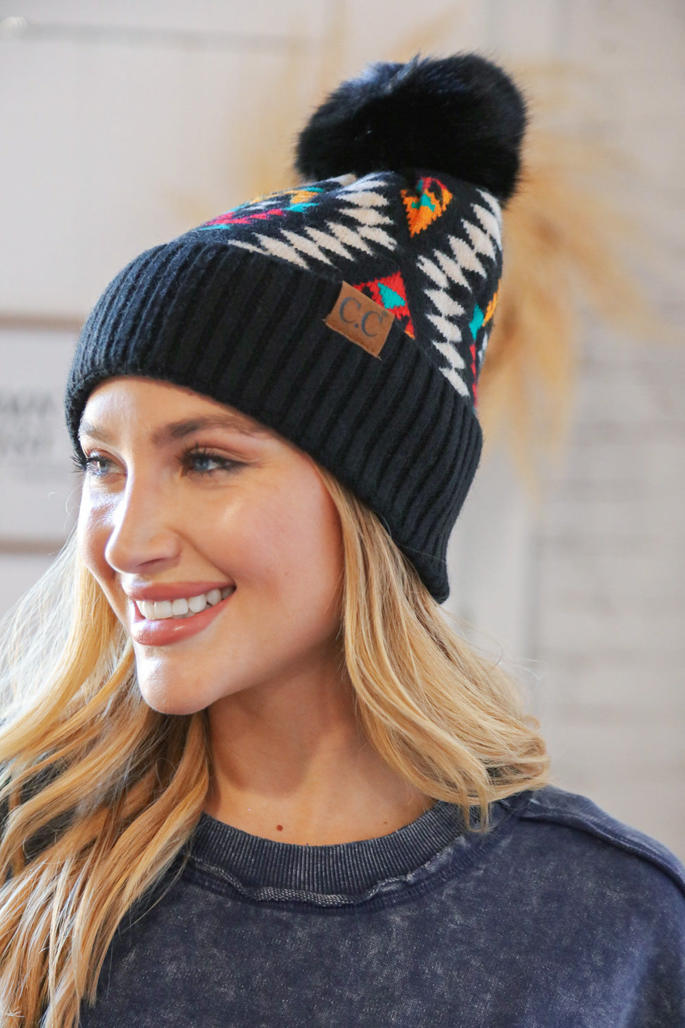 CC Exclusive Black Tribal Knit Beanie w/Pompom