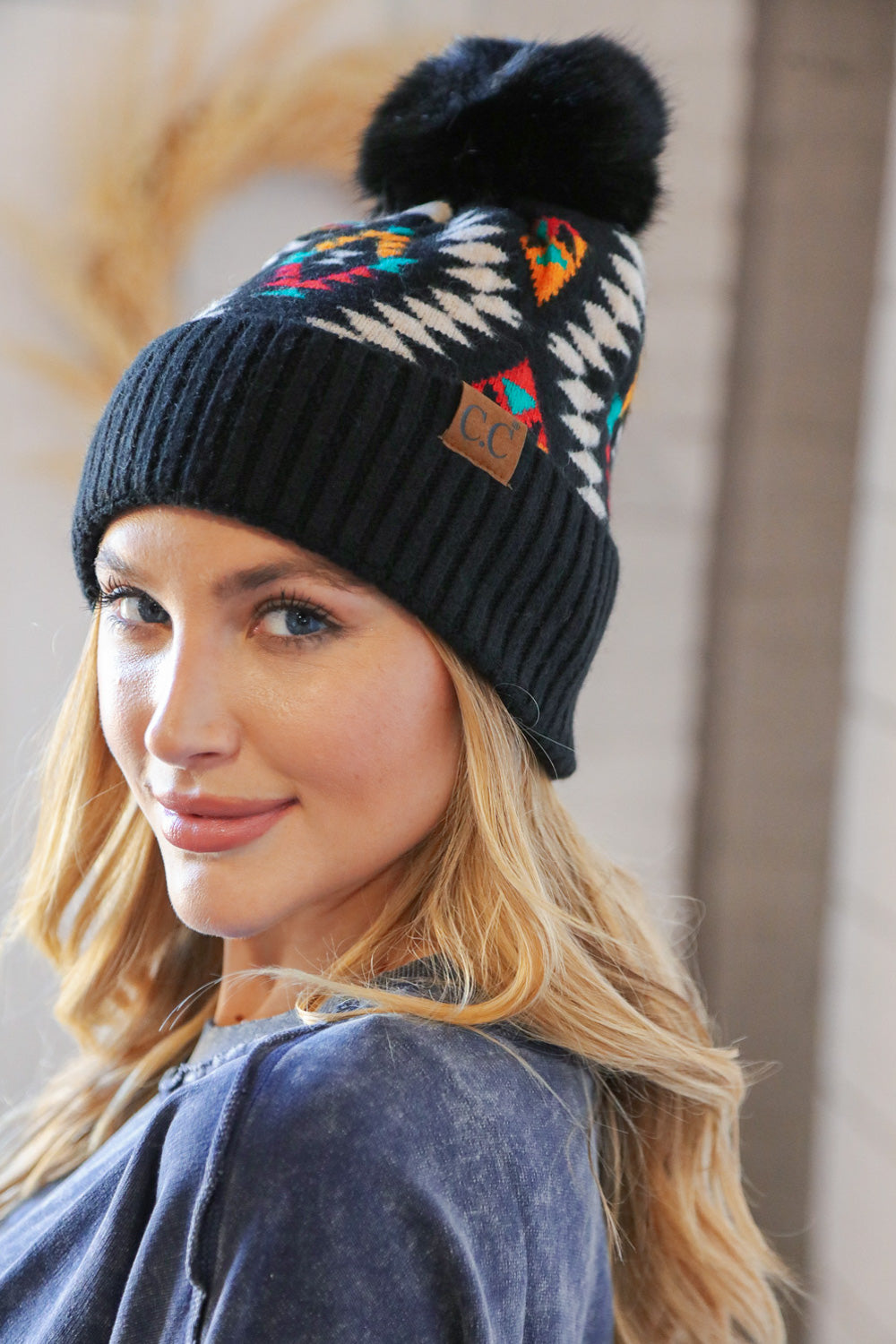 CC Exclusive Black Tribal Knit Beanie w/Pompom