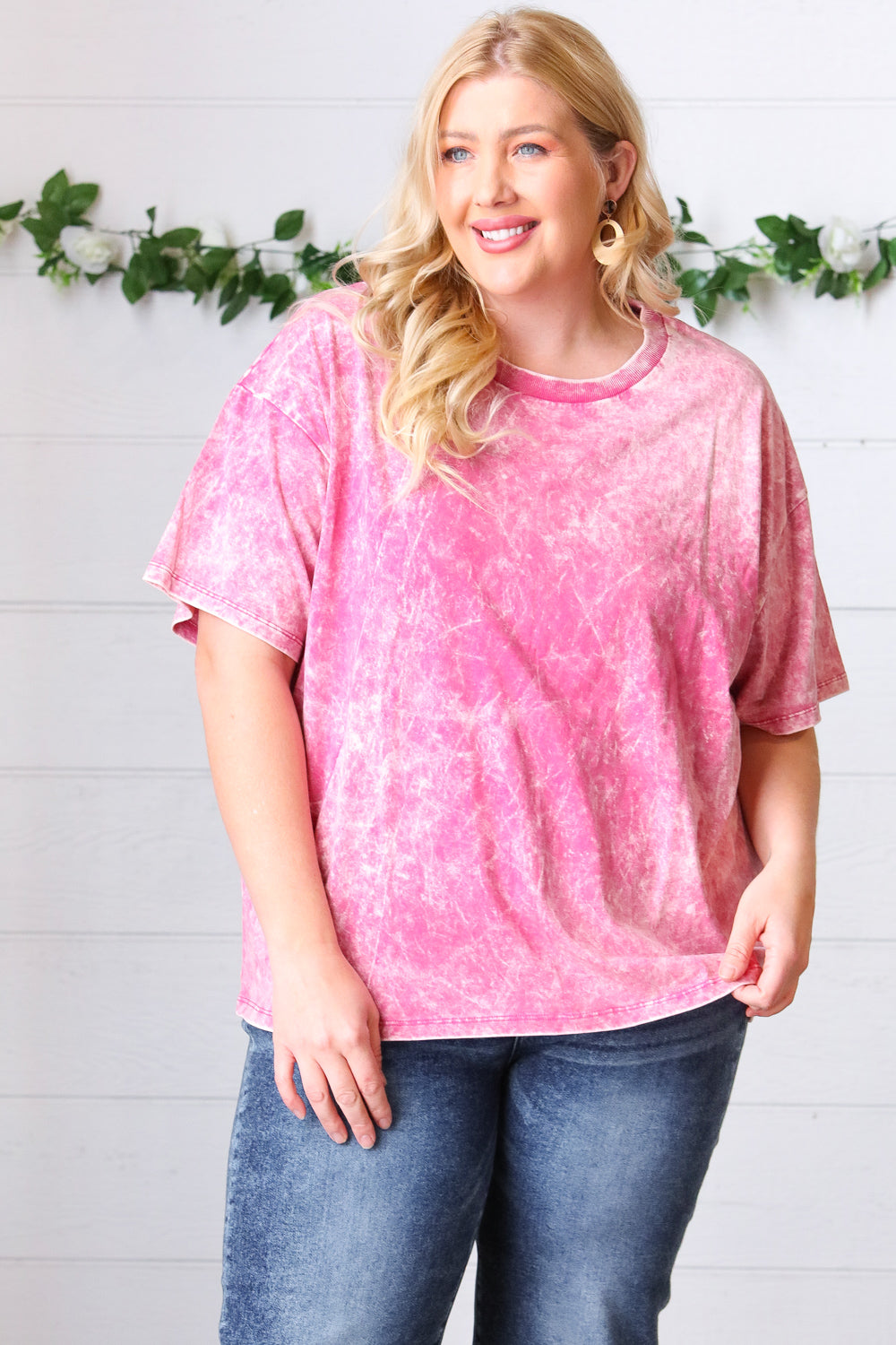 Rose Cotton Wash Short Sleeve Crew Neck Top