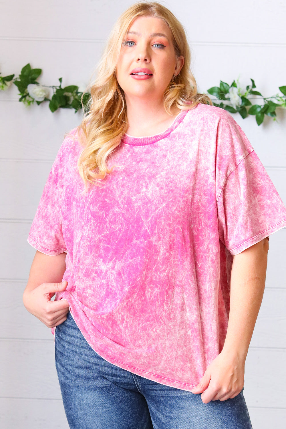 Rose Cotton Wash Short Sleeve Crew Neck Top