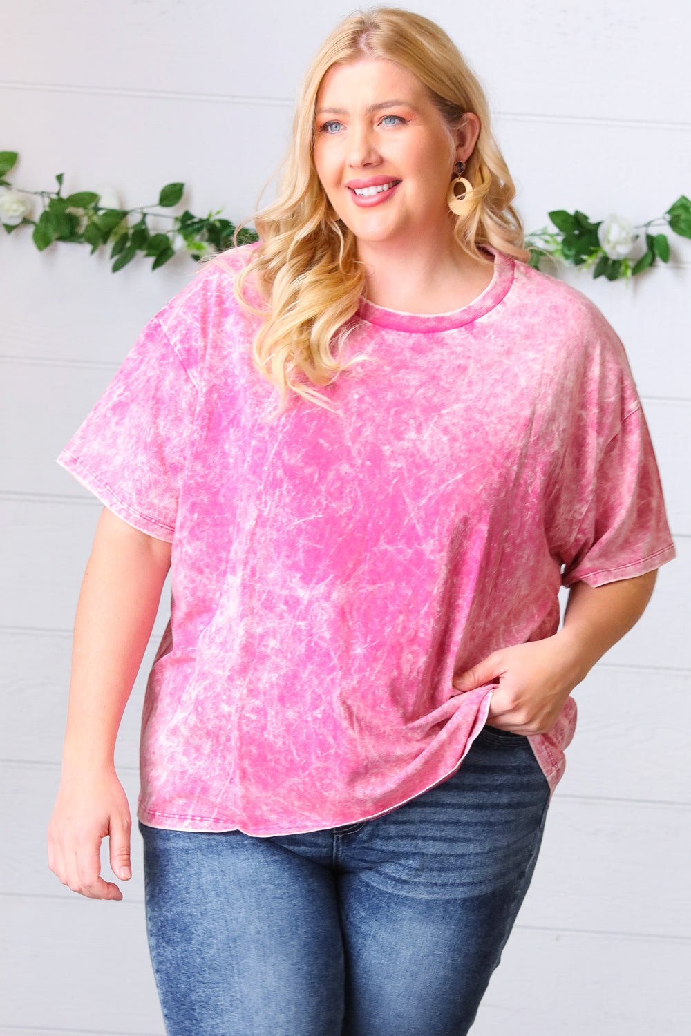 Rose Cotton Wash Short Sleeve Crew Neck Top