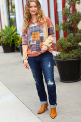 What I Like Rust/Charcoal Two Tone Knit Plaid V Neck Top