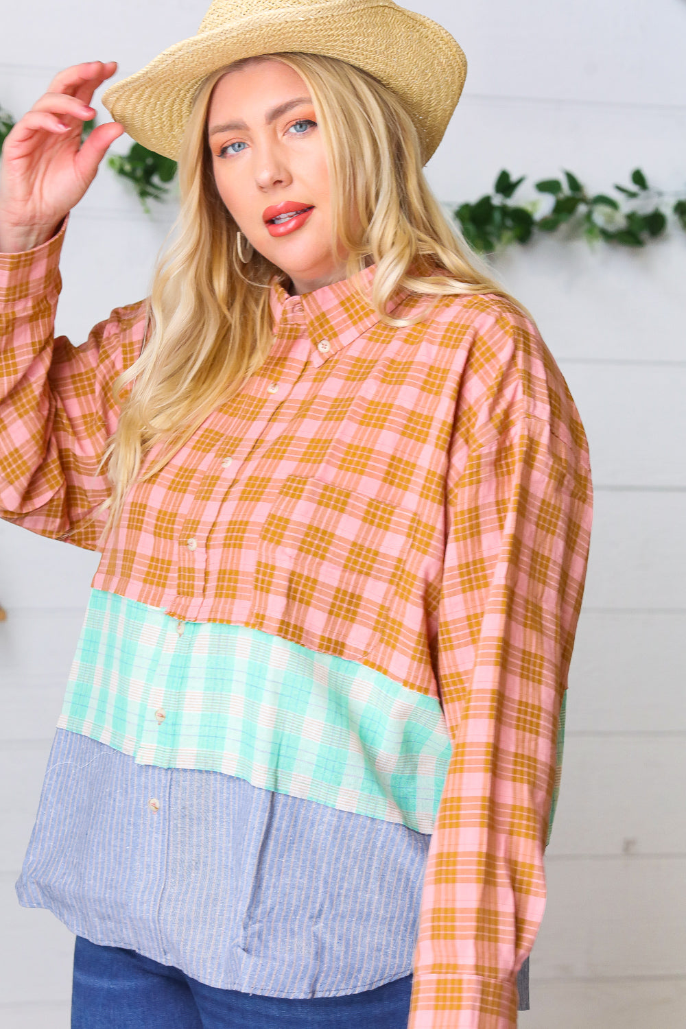 Rose Gold Cotton Linen Plaid Stripe Color Block Shirt