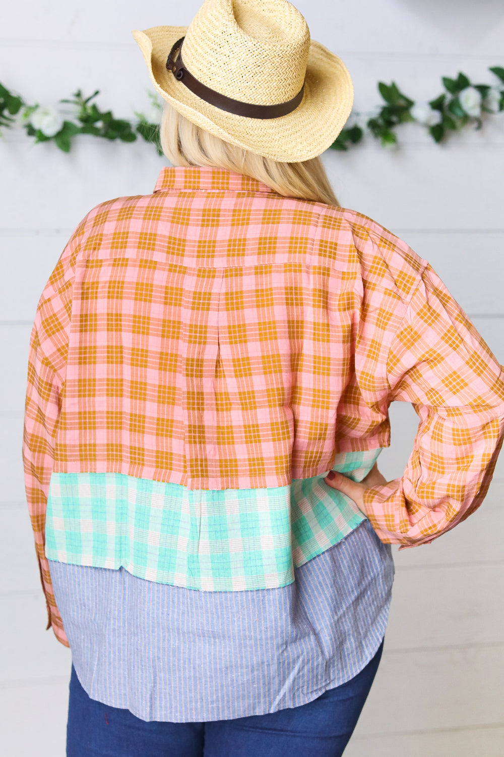 Rose Gold Cotton Linen Plaid Stripe Color Block Shirt