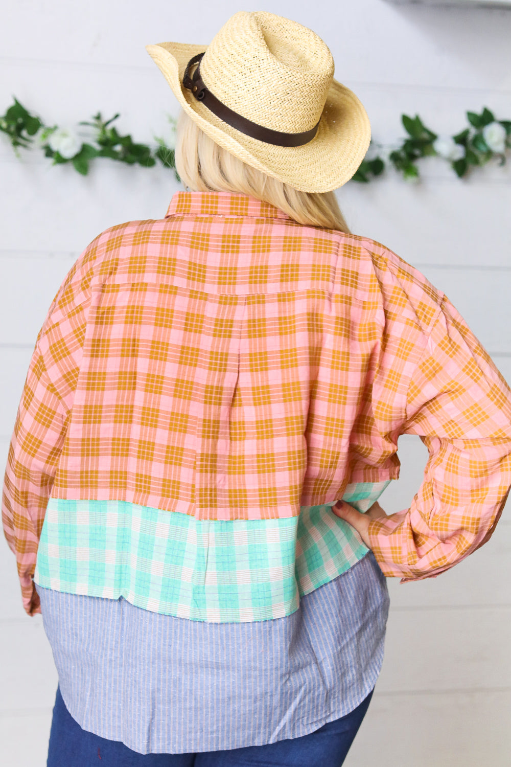 Rose Gold Cotton Linen Plaid Stripe Color Block Shirt