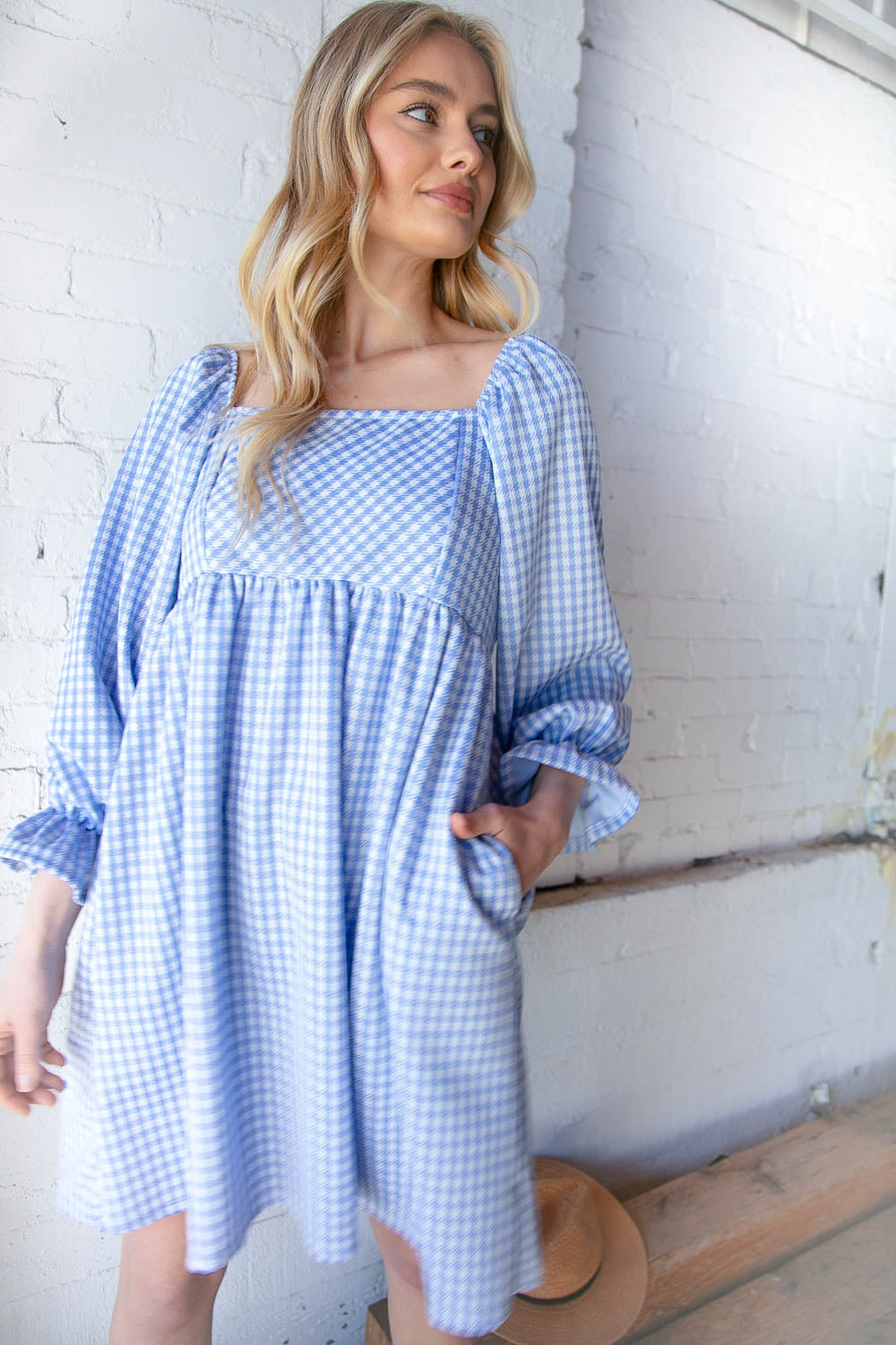 Blue Jacquard Plaid Square Neck Ruffle Sleeve Dress