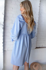 Blue Jacquard Plaid Square Neck Ruffle Sleeve Dress