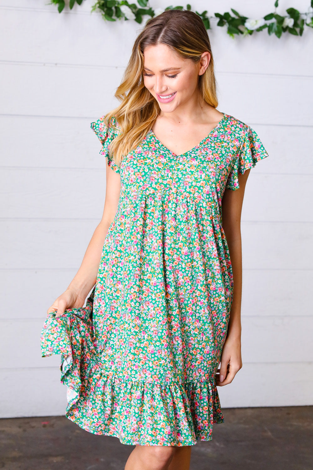 Emerald Green Floral Babydoll Midi Dress