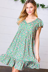 Emerald Green Floral Babydoll Midi Dress