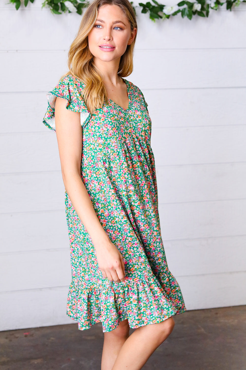 Emerald Green Floral Babydoll Midi Dress