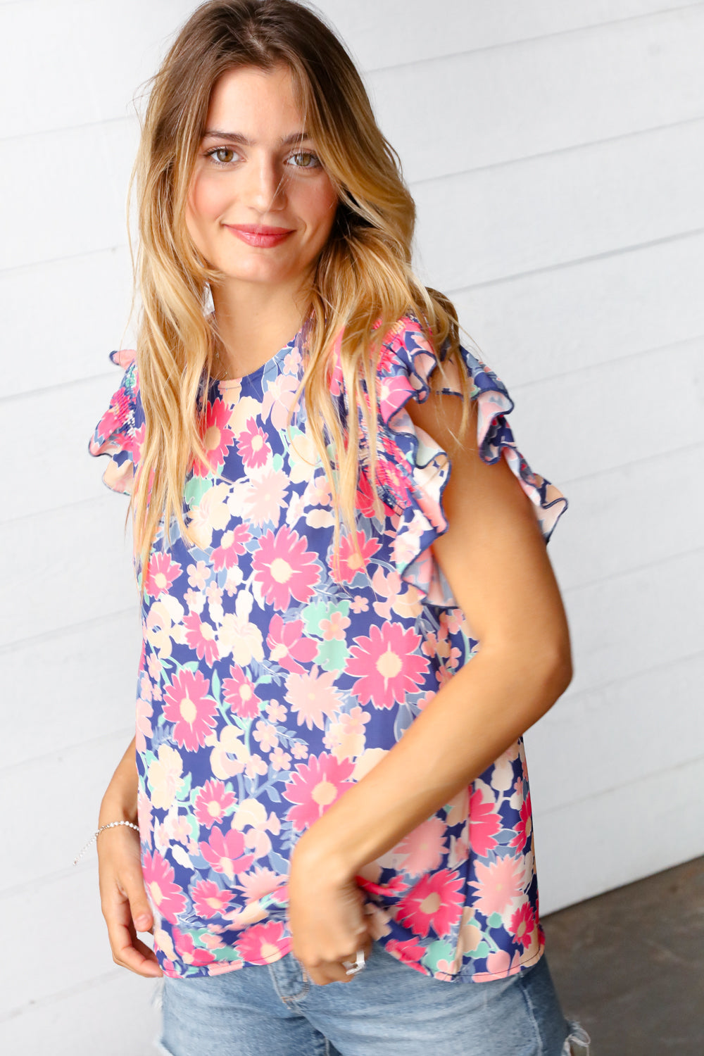 Amicg/Navy Floral Chiffon Smocked Ruffle Sleeve Top