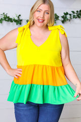 Yellow & Tangerine Tiered Shoulder Tie Bow Crepe Top