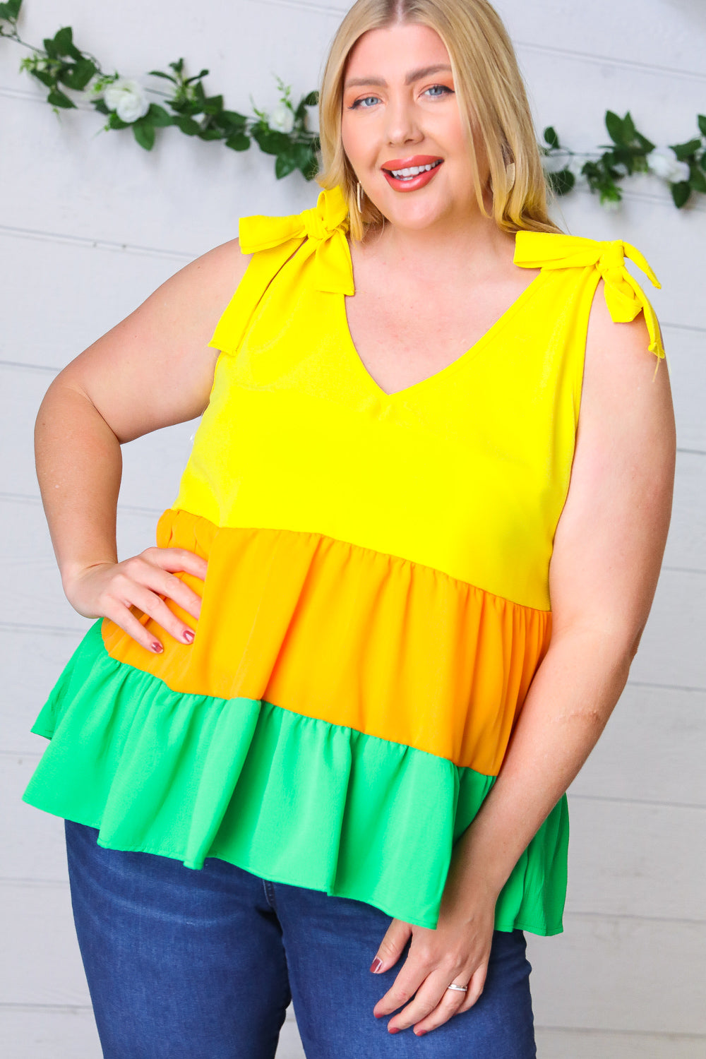 Yellow & Tangerine Tiered Shoulder Tie Bow Crepe Top