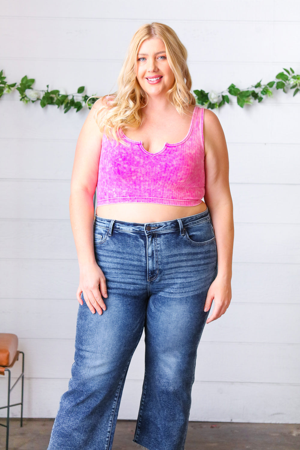 Candy Rose Washed Rib Cropped Notched Tank