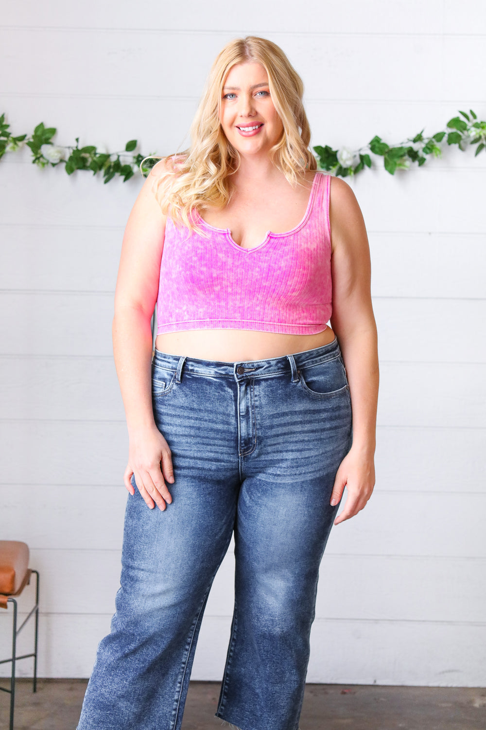 Candy Rose Washed Rib Cropped Notched Tank