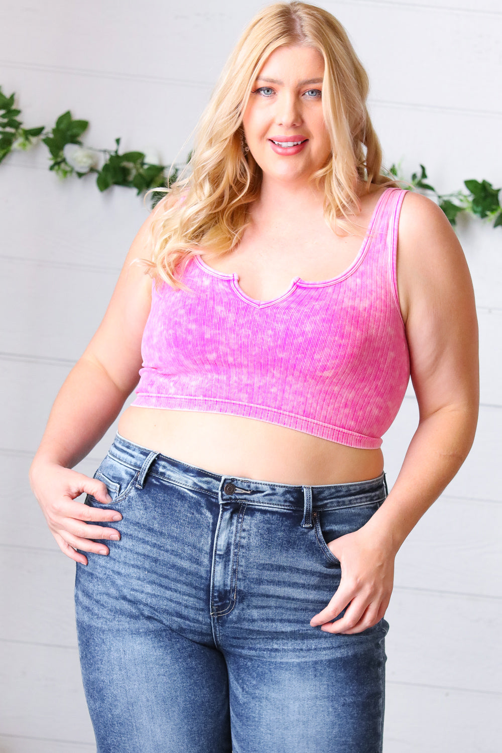 Candy Rose Washed Rib Cropped Notched Tank