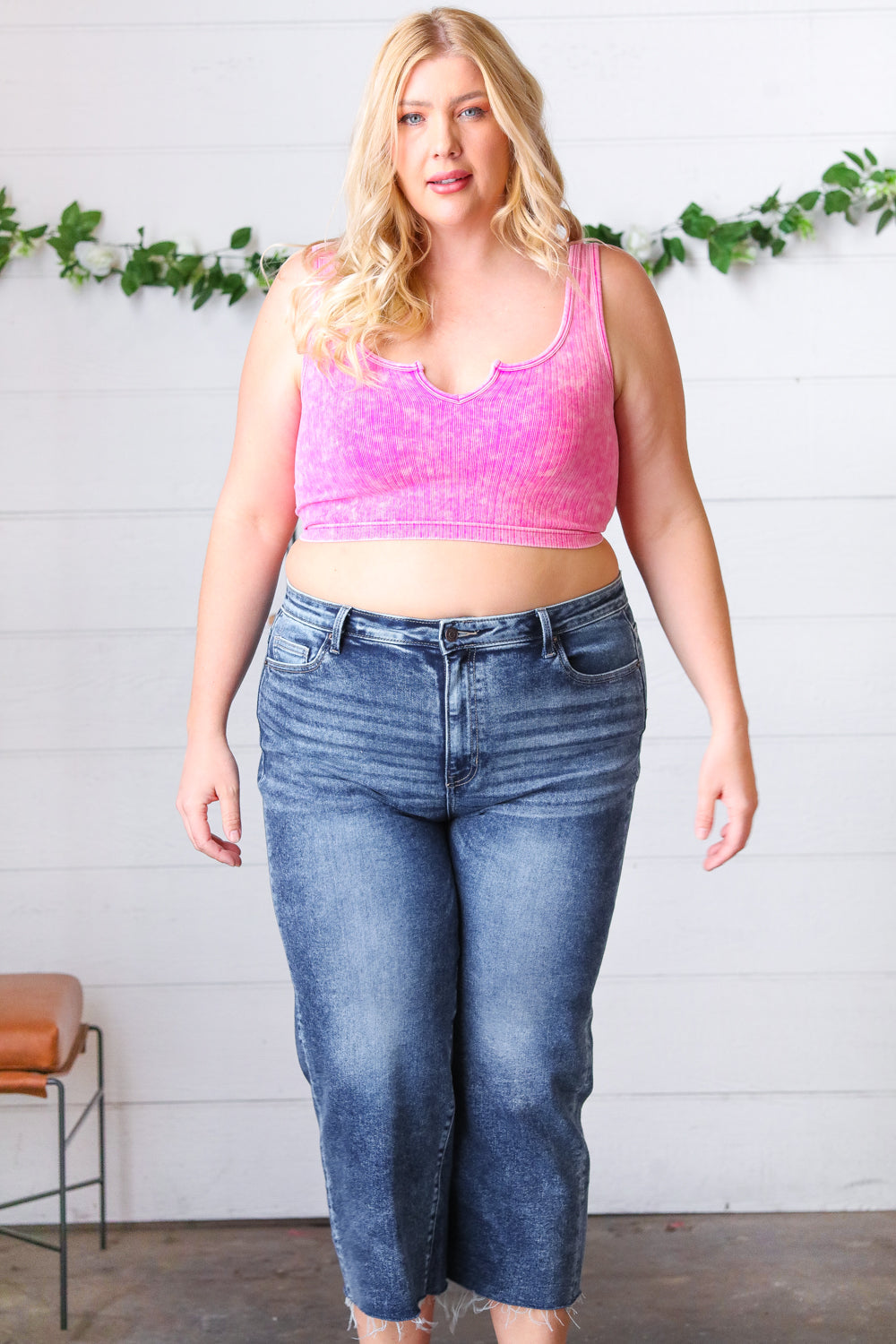 Candy Rose Washed Rib Cropped Notched Tank