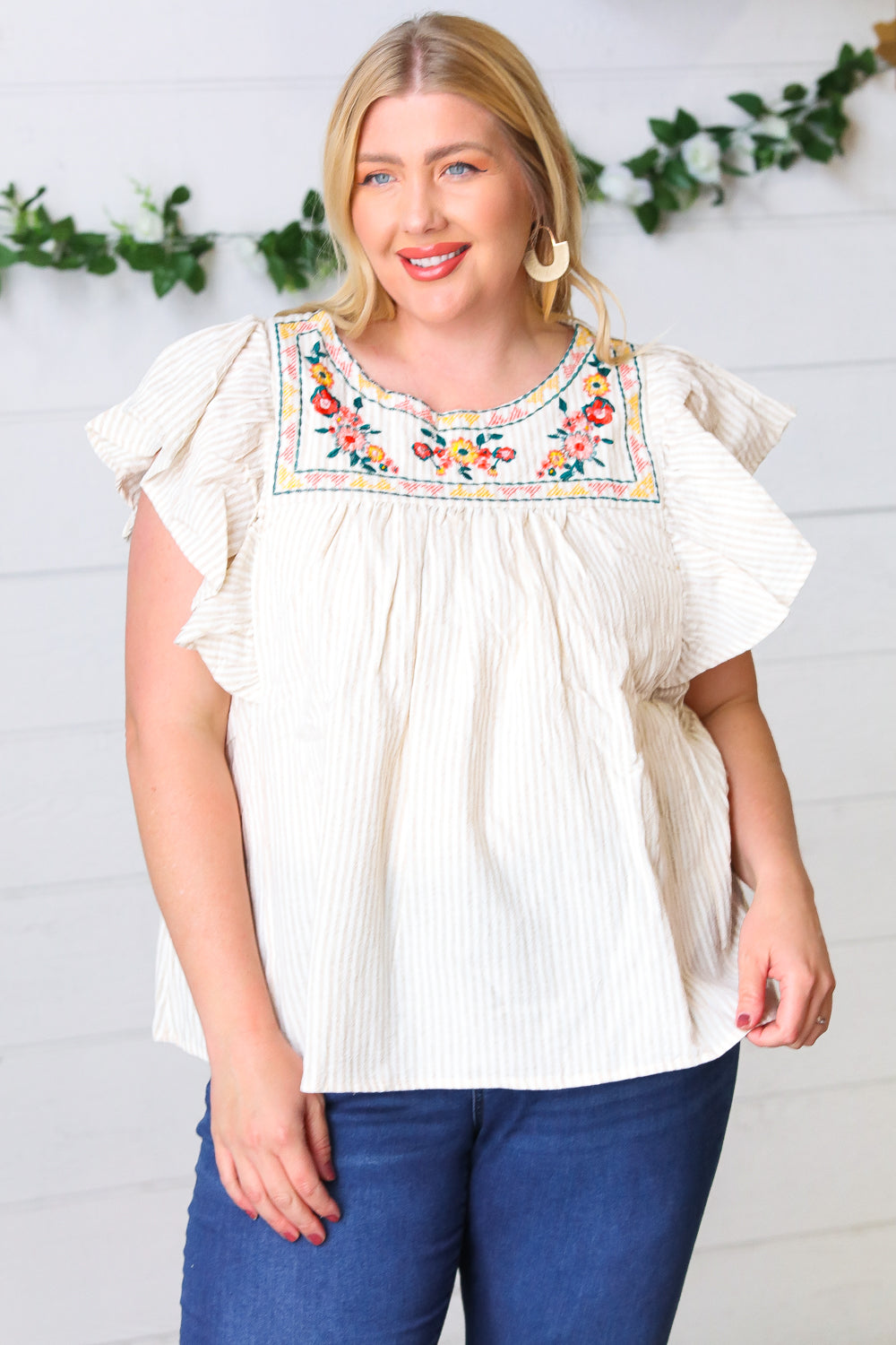 Cream Stripe Floral Embroidered Yoke Top