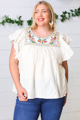 Cream Stripe Floral Embroidered Yoke Top