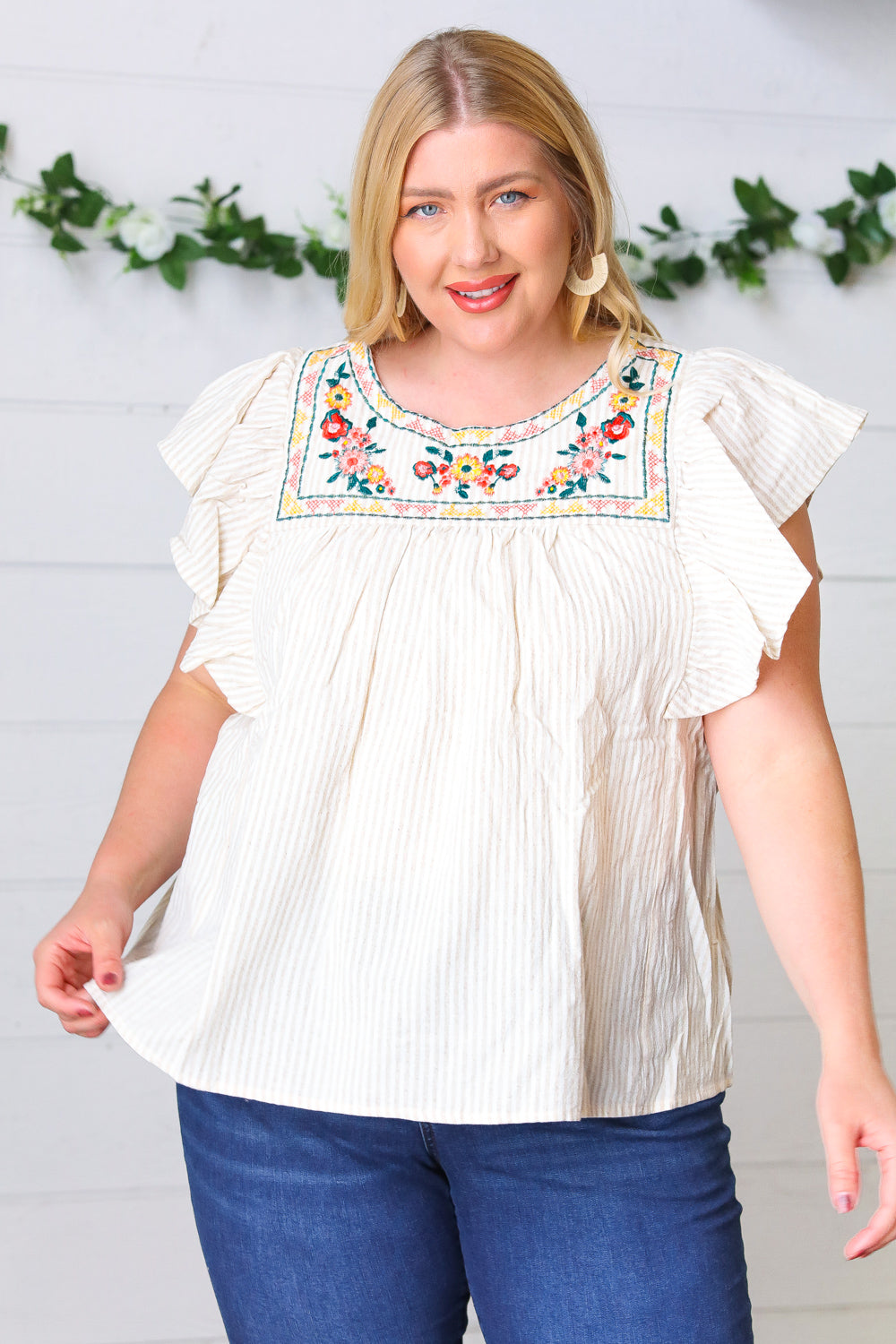 Cream Stripe Floral Embroidered Yoke Top