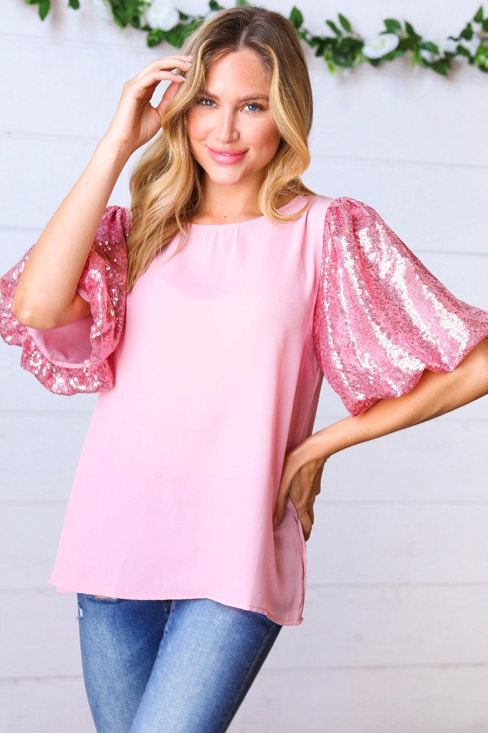 Pink Sequin Puff Sleeve Woven Top