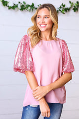 Pink Sequin Puff Sleeve Woven Top