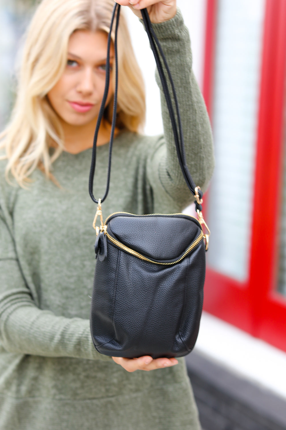 Black Vegan Leather Two Pocket Mini Cross Body