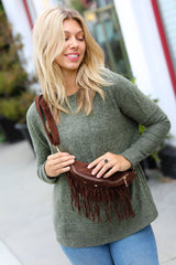 Brown Faux Suede Fringe Convertible Fanny/Sling Bag