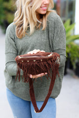 Brown Faux Suede Fringe Convertible Fanny/Sling Bag