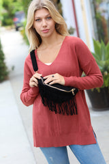 Black Faux Suede Fringe Convertible Fanny/Sling Bag