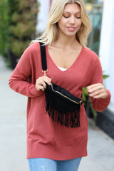 Black Faux Suede Fringe Convertible Fanny/Sling Bag