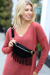 Black Faux Suede Fringe Convertible Fanny/Sling Bag