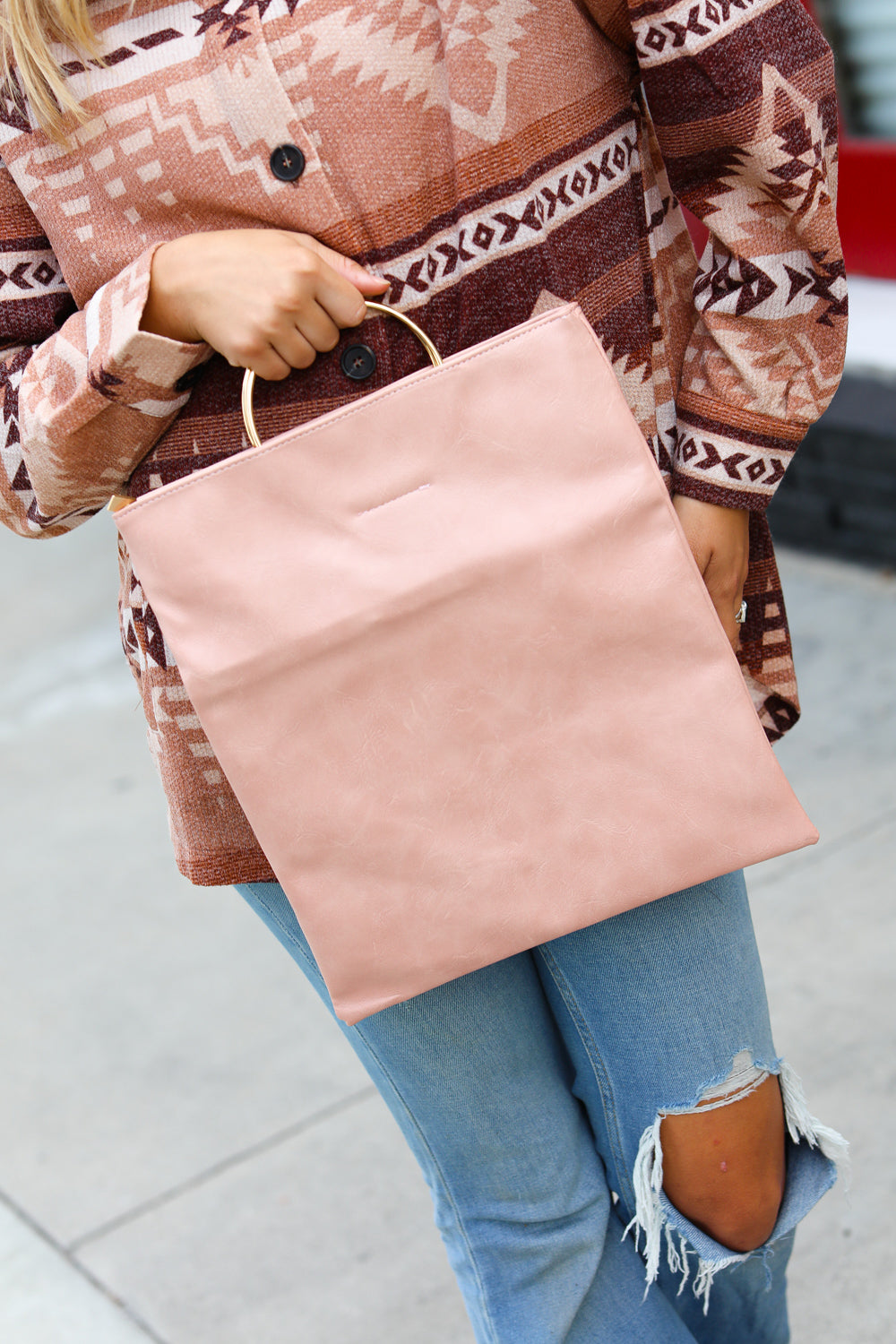 Blush Fold Over Gold O-Ring Faux Leather Clutch Bag