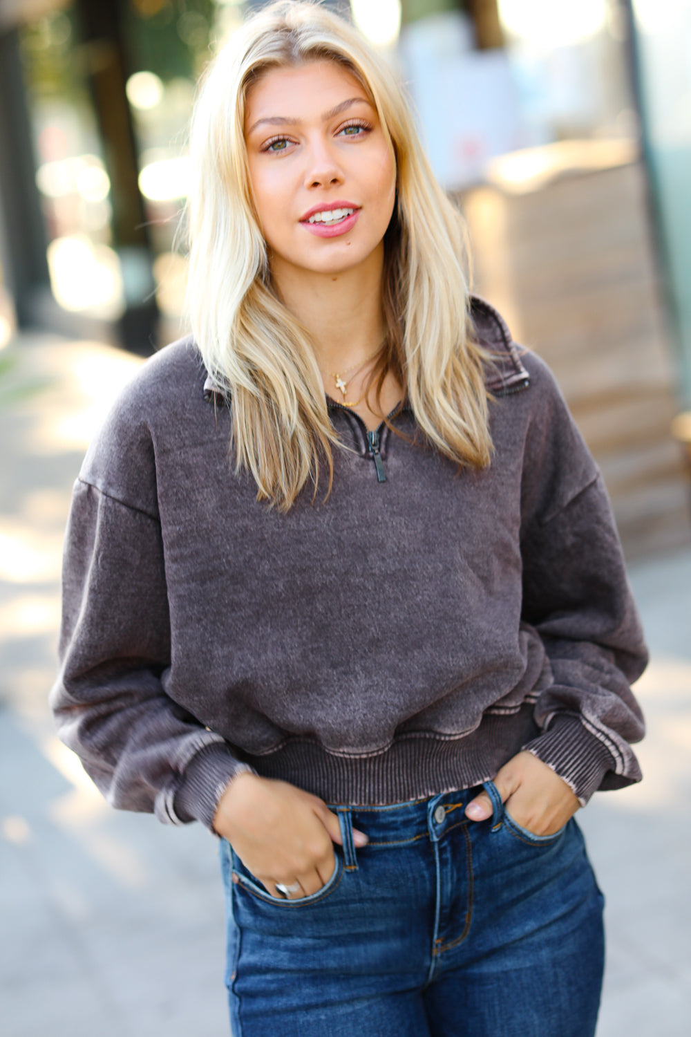 Mocha Half Zip Cropped Pullover Sweater